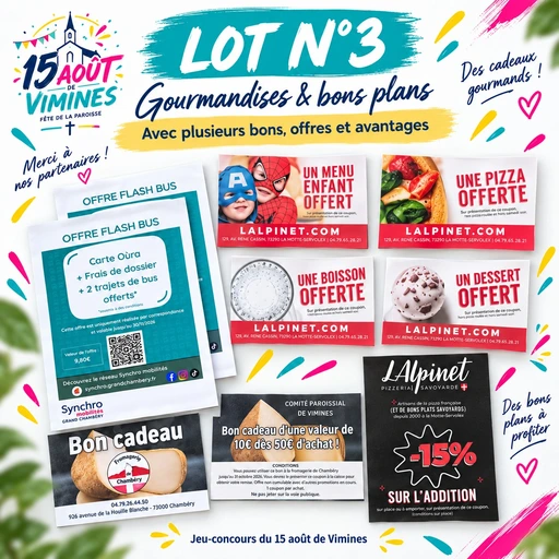 Lot n°3 – Gourmandises & bons plans aAvec plusieurs bons cadeaux, offres et avantages chez nos partenaires.